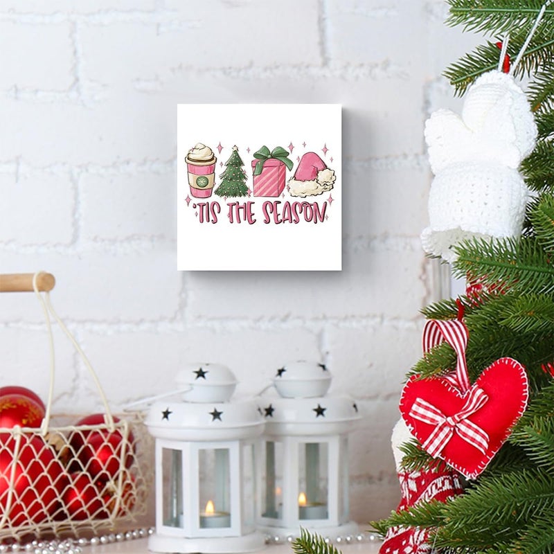 FXEFXE Pink Christmas Decor, Pink Christmas Bathroom Decor, Girly Decoration, Wooden Box Sign Winter Latte Santa Presents Tree Coffee Home Bedroom Desk Decoration - Image 5